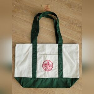Trader Joe's Canvas Tote Bag in Cream and Forest Green